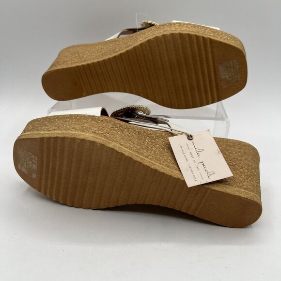 Mila Paoli NEW 7.5 White Leather Wedge Sandals Gold Buckle Made In Italy Boho - Picture 10 of 11